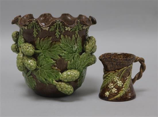 A Rye pottery acorn jardinere and jug